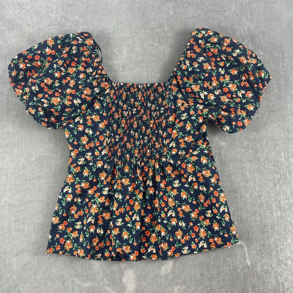 Old Navy Women S Navy Blue Floral Puff Sleeve Smocked Blouse Top